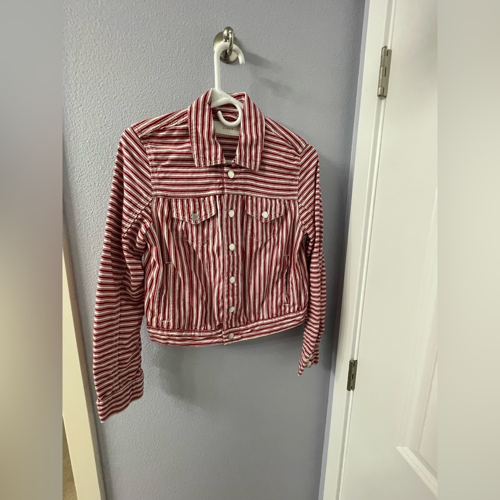 Blank NYC Red & White Striped Cropped Denim Jacket